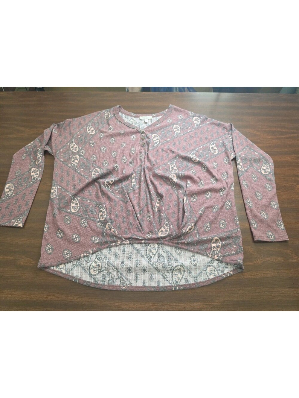 Como Vintage Mauve Burgundy Long Sleeve Top Size Large Boho Chic Retro Casual